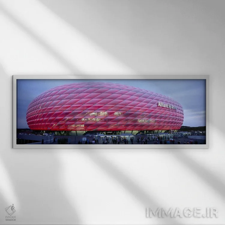 تابلو دکوراتیو Allianz Arena, Munich, Germany,ورزشگاه فوتبال روشن در غ… اثر پانورامیک ایمجز - نمای قابدار سفید