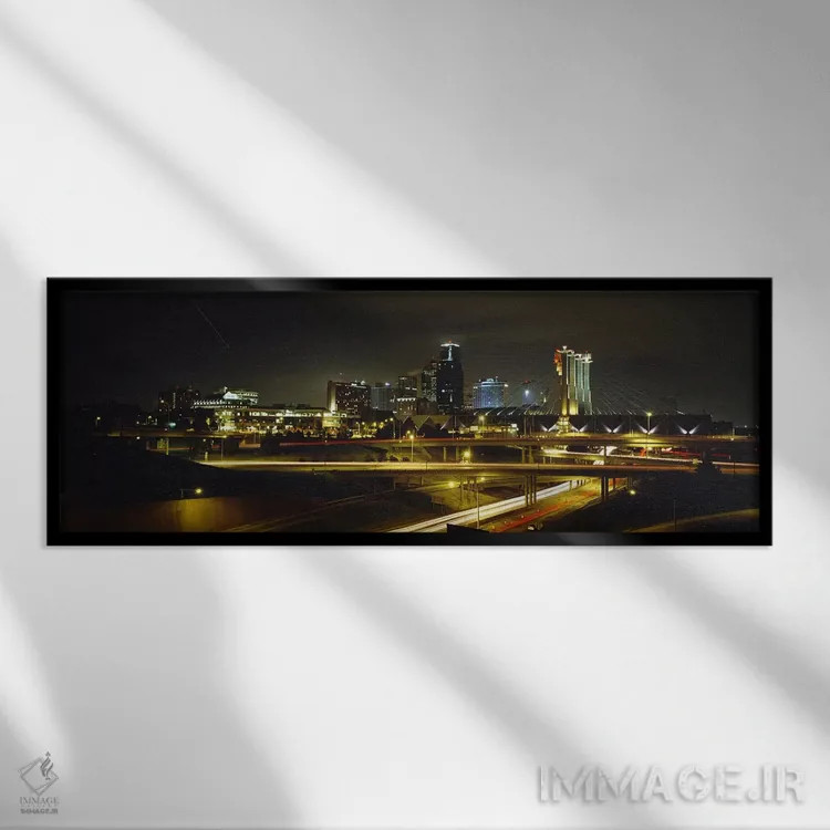 تابلو دکوراتیو Missouri, USA,ساختمان های روشن در شب، کانزاس سیتی، میسو… اثر پانورامیک ایمجز - نمای قابدار مشکی