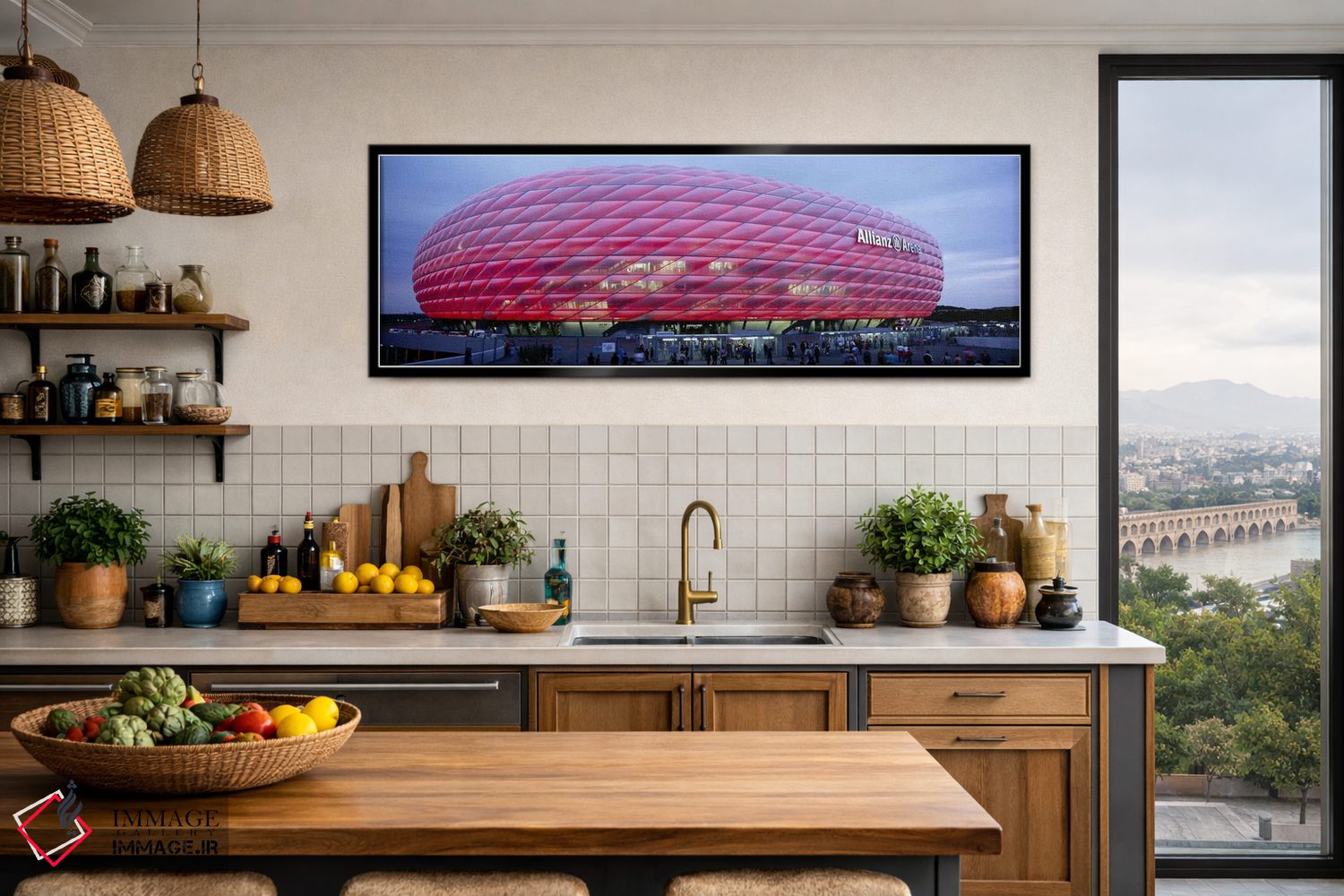 تابلو دکوراتیو Allianz Arena, Munich, Germany,ورزشگاه فوتبال روشن در غ… اثر پانورامیک ایمجز - D3B