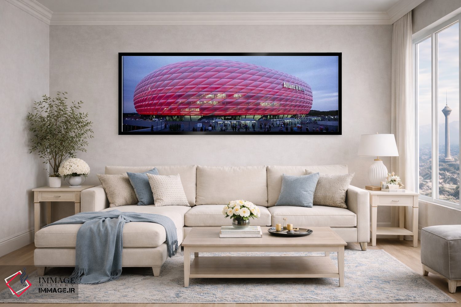 تابلو دکوراتیو Allianz Arena, Munich, Germany,ورزشگاه فوتبال روشن در غ… اثر پانورامیک ایمجز - D6B