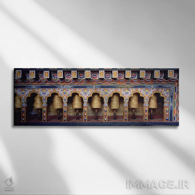تابلو دکوراتیو Chimi Lhakhang, Punakha, Bhutan,چرخ های عبادت در معبد… اثر پانورامیک ایمجز - نمای روبهرو روی دیوار