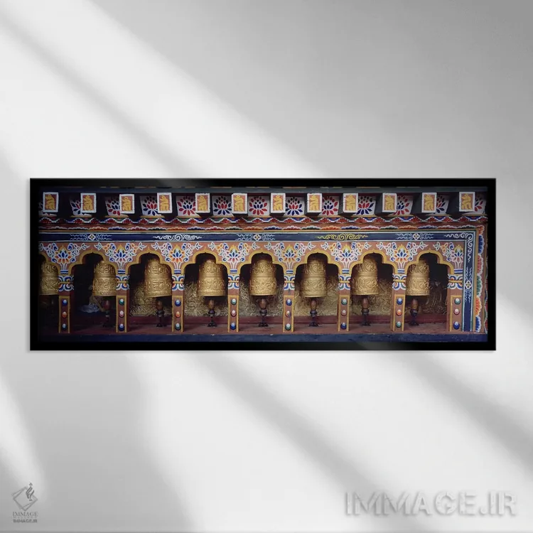 تابلو دکوراتیو Chimi Lhakhang, Punakha, Bhutan,چرخ های عبادت در معبد… اثر پانورامیک ایمجز - نمای قابدار مشکی