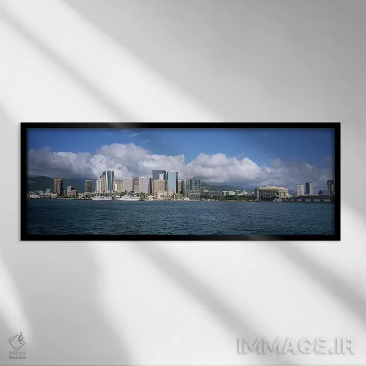تابلو دکوراتیو Downtown, Honolulu, Hawaii, USA,ساختمان های کنار آب، مر… اثر پانورامیک ایمجز - نمای قابدار مشکی