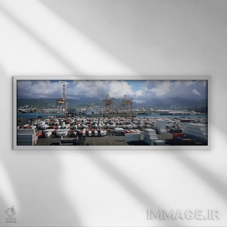 تابلو دکوراتیو Honolulu Harbor, Hawaii, USA,کانتینرها و جرثقیل ها در ب… اثر پانورامیک ایمجز - نمای قابدار سفید