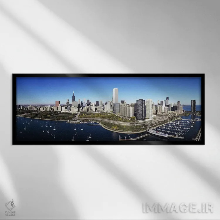 تابلو دکوراتیو Chicago, Illinois, USA,قایق های پهلوگرفته در بندر، شیکا… اثر پانورامیک ایمجز - نمای قابدار مشکی