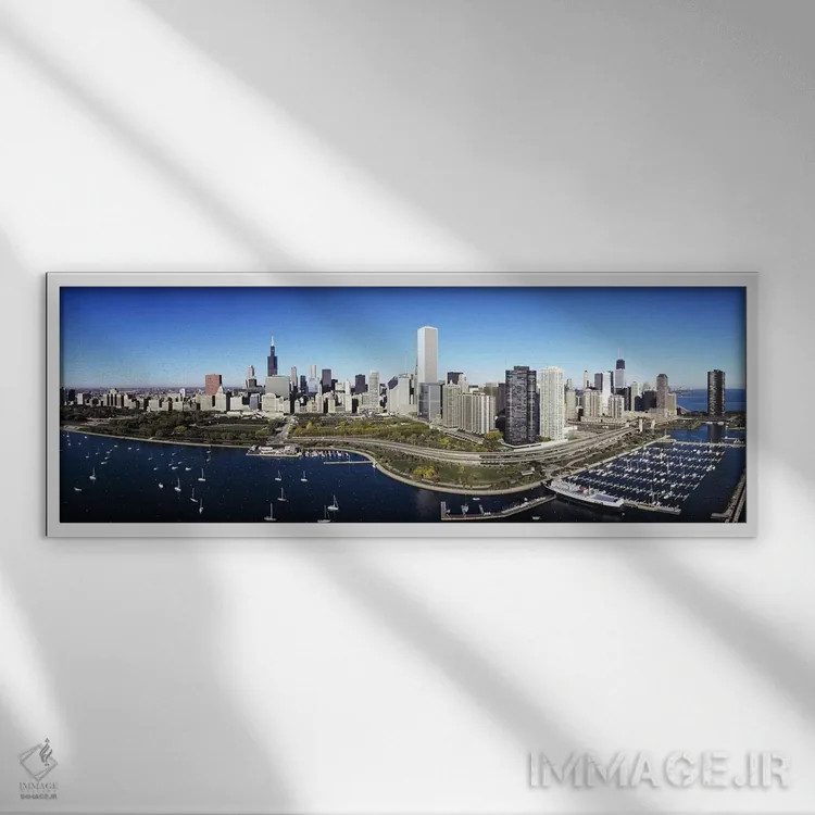 تابلو دکوراتیو Chicago, Illinois, USA,قایق های پهلوگرفته در بندر، شیکا… اثر پانورامیک ایمجز - نمای قابدار سفید