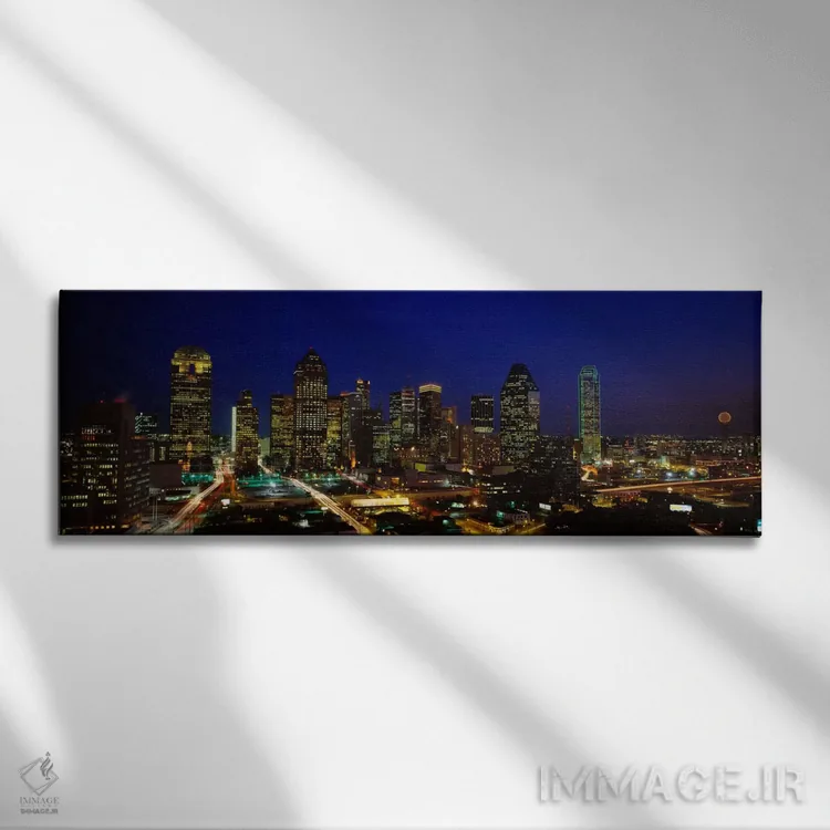 تابلو دکوراتیو Dallas, Texas, USA,ساختمان های شهر که شب هنگام روشن اند… اثر پانورامیک ایمجز - نمای روبهرو روی دیوار