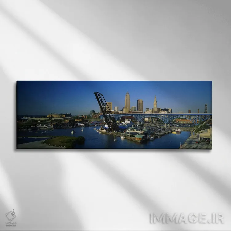 تابلو دکوراتیو Cleveland, Ohio, USA,نمای بالا از قایق ها در رودخانه، ک… اثر پانورامیک ایمجز - نمای روبهرو روی دیوار