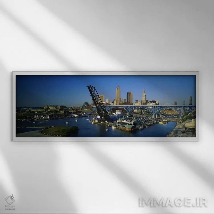 تابلو دکوراتیو Cleveland, Ohio, USA,نمای بالا از قایق ها در رودخانه، ک… اثر پانورامیک ایمجز - نمای قابدار سفید