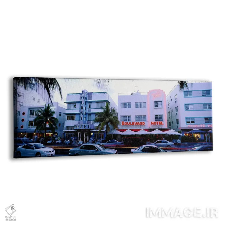 تابلو دکوراتیو Ocean Drive, Miami, Florida, USA,ترافیک جاده در مقابل ه… اثر پانورامیک ایمجز - نمای پرسپکتیو محصول