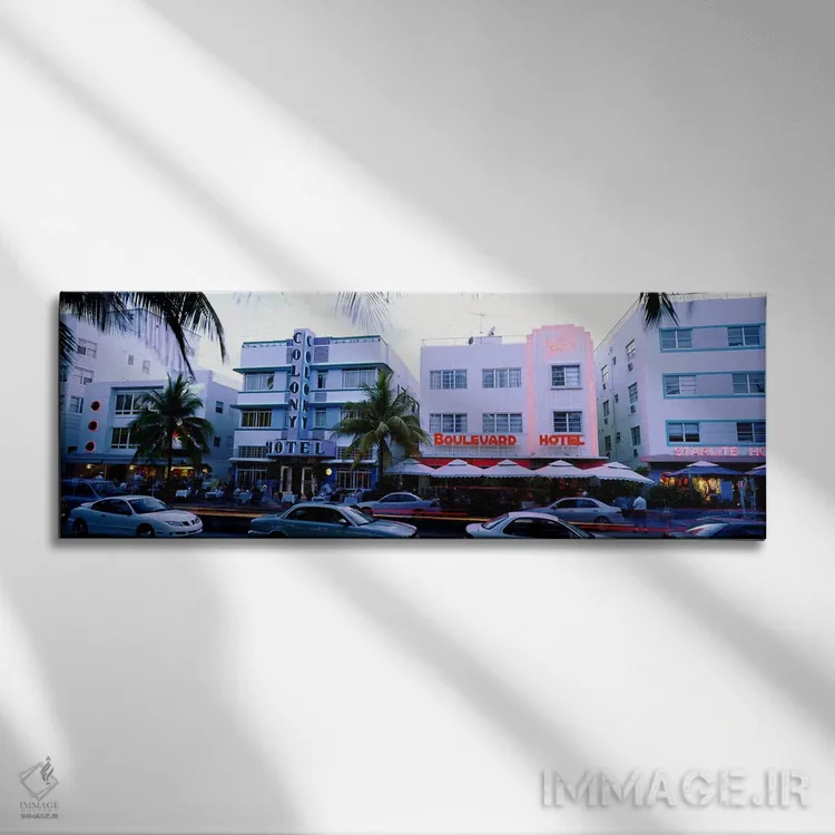 تابلو دکوراتیو Ocean Drive, Miami, Florida, USA,ترافیک جاده در مقابل ه… اثر پانورامیک ایمجز - نمای روبهرو روی دیوار