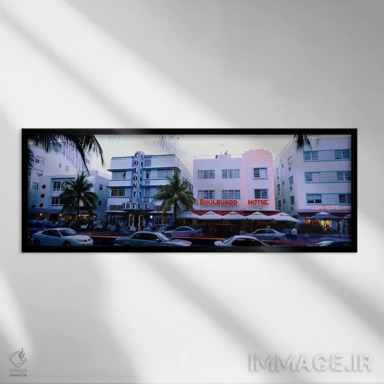 تابلو دکوراتیو Ocean Drive, Miami, Florida, USA,ترافیک جاده در مقابل ه… اثر پانورامیک ایمجز - نمای قابدار مشکی