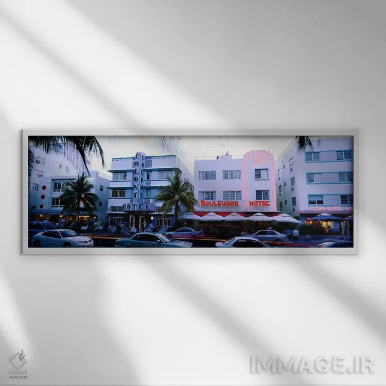 تابلو دکوراتیو Ocean Drive, Miami, Florida, USA,ترافیک جاده در مقابل ه… اثر پانورامیک ایمجز - نمای قابدار سفید