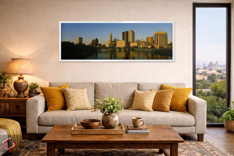 تابلو دکوراتیو Columbus, Ohio, USA,نمای بالا از ساختمان ها در کنار آب… اثر پانورامیک ایمجز - D5W