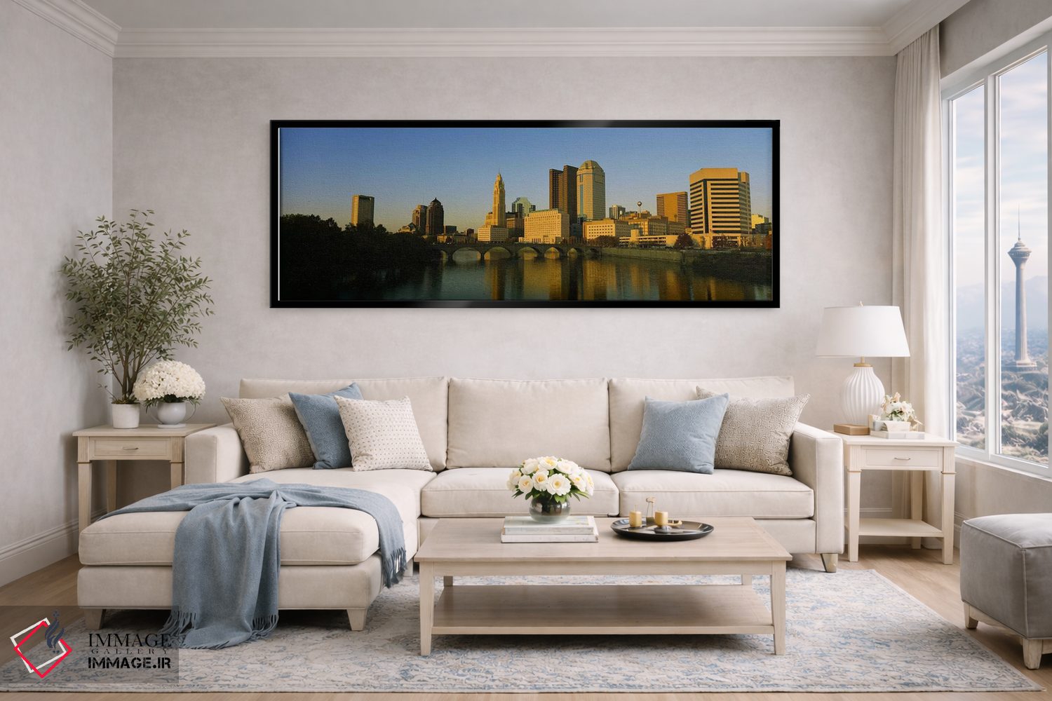 تابلو دکوراتیو Columbus, Ohio, USA,نمای بالا از ساختمان ها در کنار آب… اثر پانورامیک ایمجز - D6B