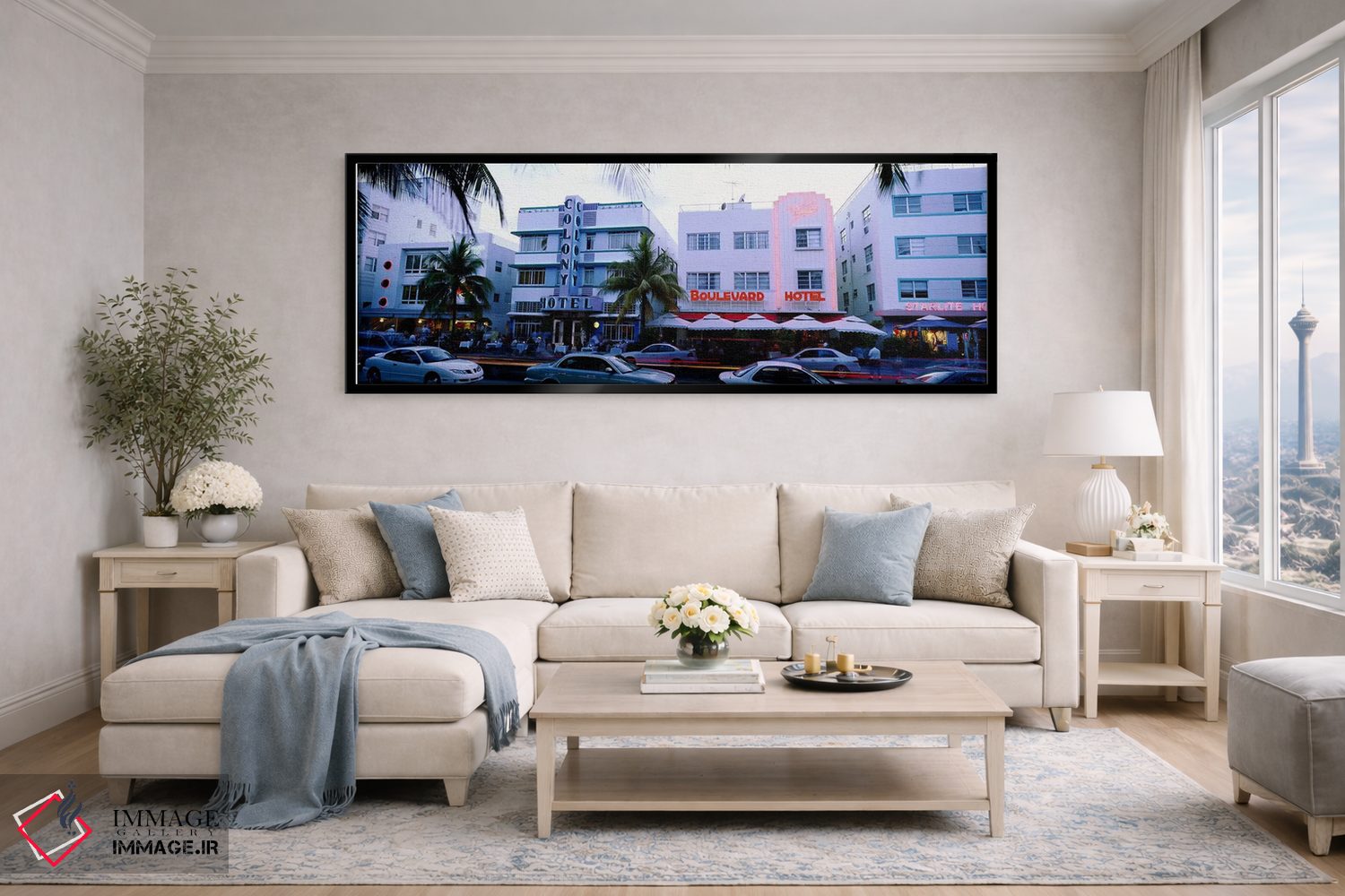 تابلو دکوراتیو Ocean Drive, Miami, Florida, USA,ترافیک جاده در مقابل ه… اثر پانورامیک ایمجز - D4B