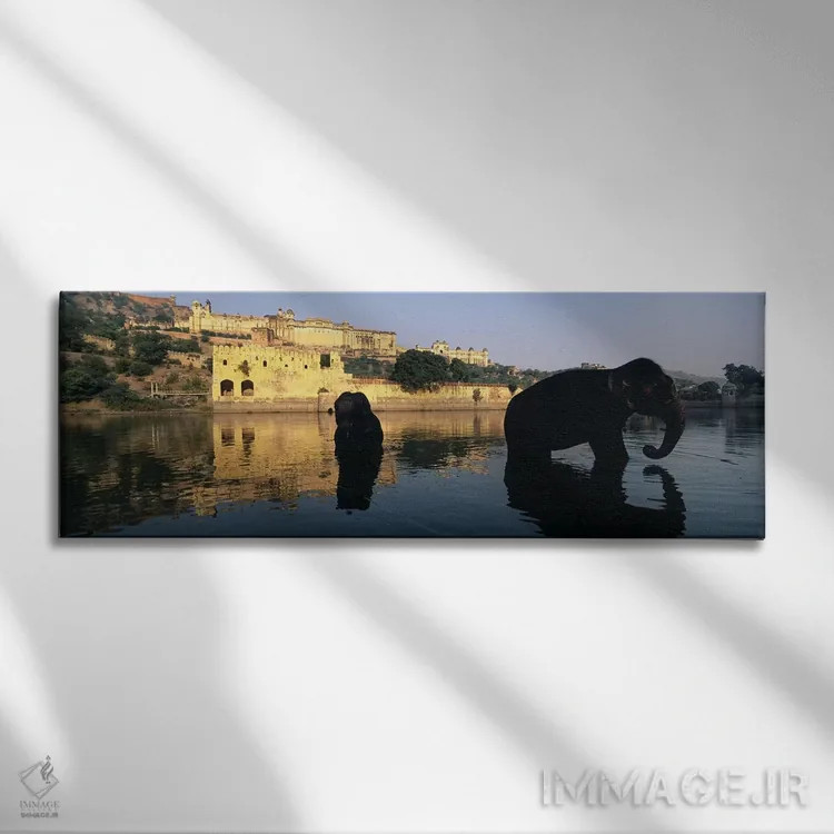 تابلو دکوراتیو Amber Fort, Jaipur, Rajasthan, India,سیلوئت دو فیل در ر… اثر پانورامیک ایمجز - نمای روبهرو روی دیوار