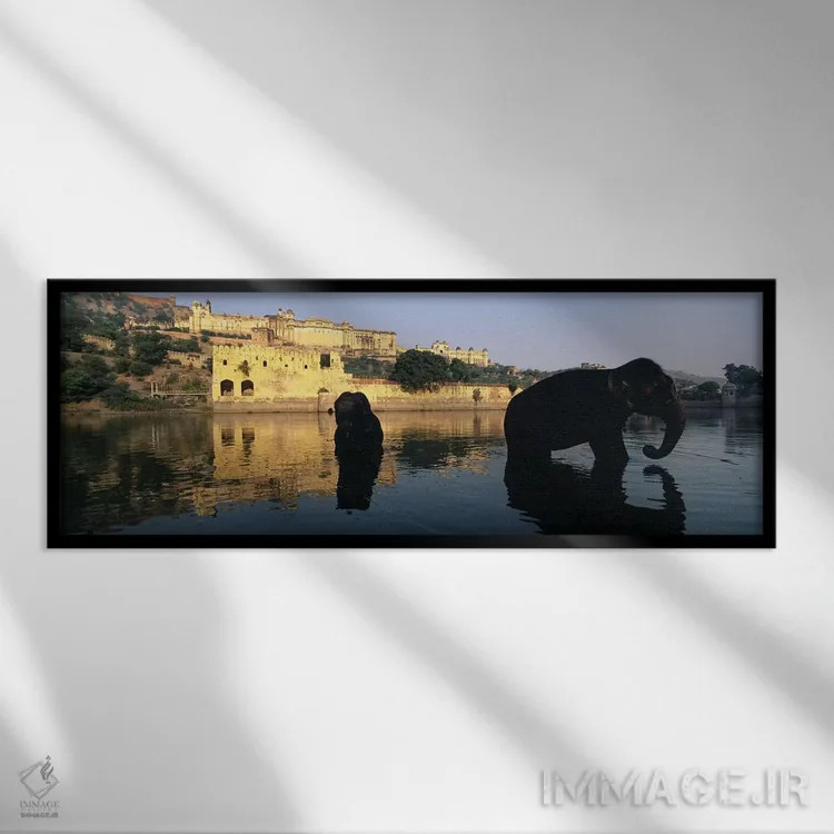 تابلو دکوراتیو Amber Fort, Jaipur, Rajasthan, India,سیلوئت دو فیل در ر… اثر پانورامیک ایمجز - نمای قابدار مشکی