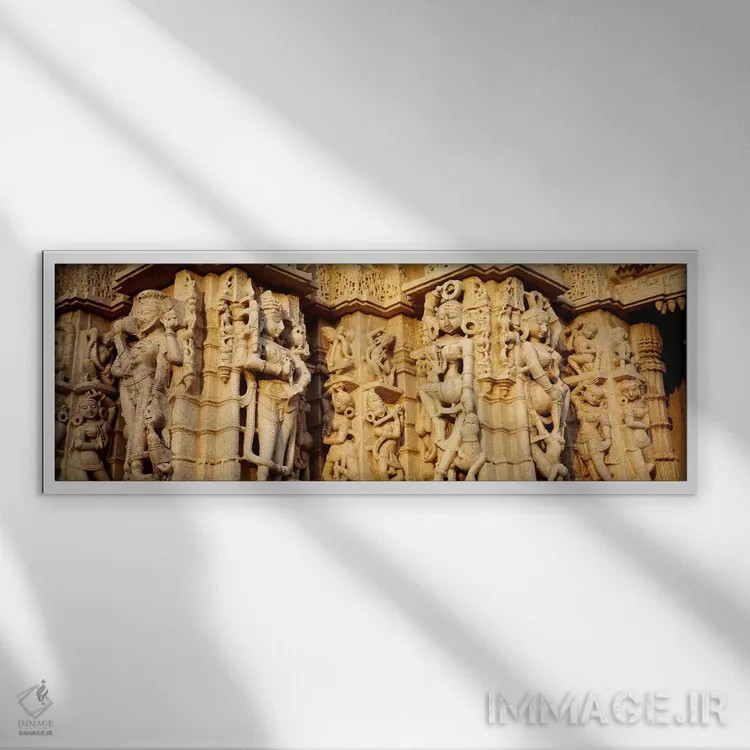 تابلو دکوراتیو Jain Temple, Ranakpur, Rajasthan, India,مجسمه های حجاری… اثر پانورامیک ایمجز - نمای قابدار سفید