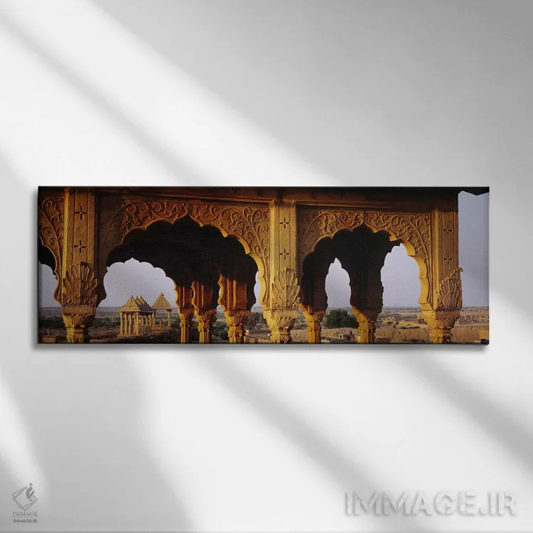 تابلو دکوراتیو Jaisalmer, Rajasthan, India,بناهای یادبود در قبرستان، ج… اثر پانورامیک ایمجز - نمای روبهرو روی دیوار