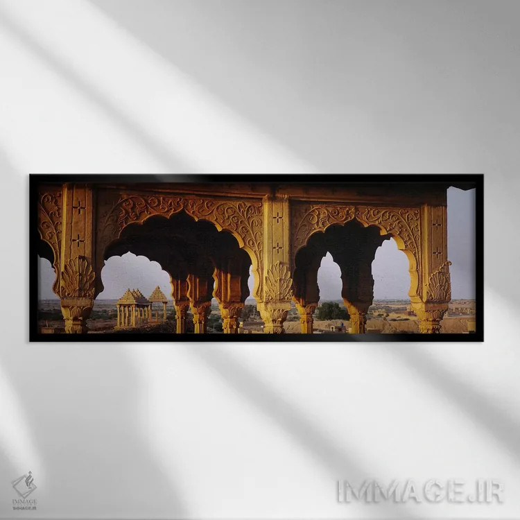 تابلو دکوراتیو Jaisalmer, Rajasthan, India,بناهای یادبود در قبرستان، ج… اثر پانورامیک ایمجز - نمای قابدار مشکی