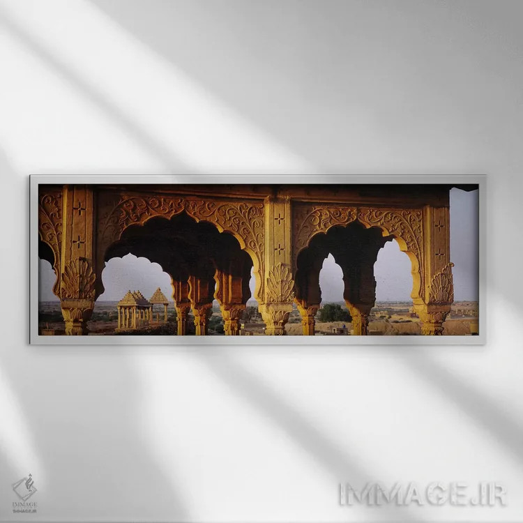 تابلو دکوراتیو Jaisalmer, Rajasthan, India,بناهای یادبود در قبرستان، ج… اثر پانورامیک ایمجز - نمای قابدار سفید