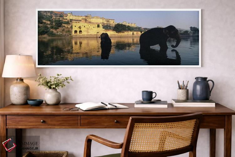 تابلو دکوراتیو Amber Fort, Jaipur, Rajasthan, India,سیلوئت دو فیل در ر… اثر پانورامیک ایمجز - D1W