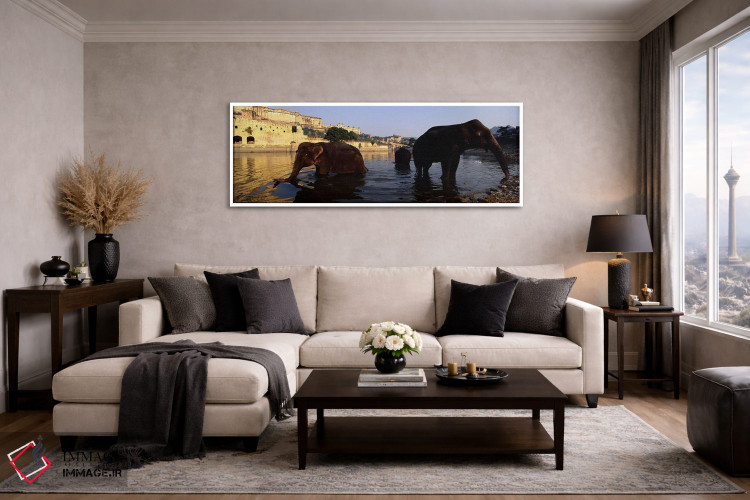 تابلو دکوراتیو Amber Fort, Jaipur, Rajasthan, India,سه فیل در رودخانه… اثر پانورامیک ایمجز - D4W