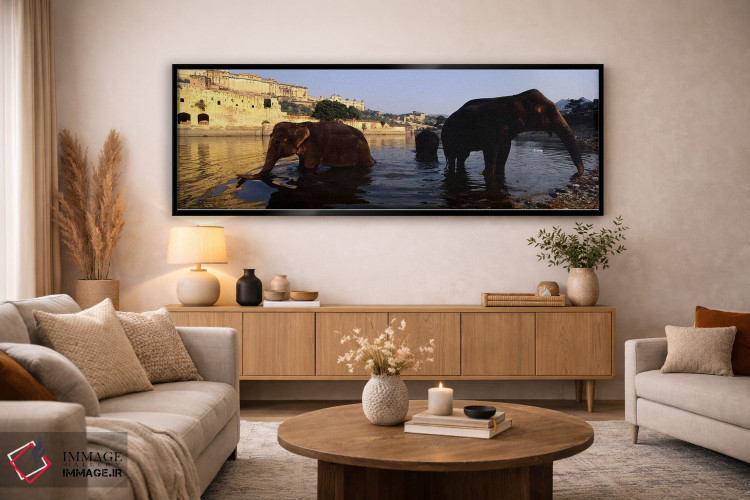 تابلو دکوراتیو Amber Fort, Jaipur, Rajasthan, India,سه فیل در رودخانه… اثر پانورامیک ایمجز - D5B