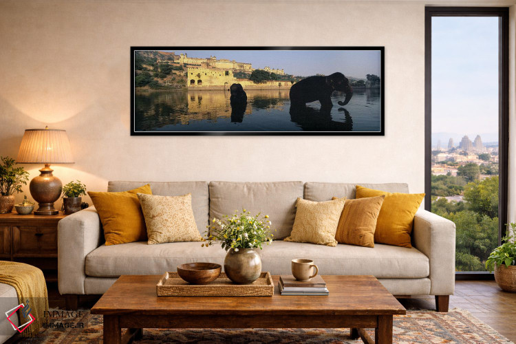 تابلو دکوراتیو Amber Fort, Jaipur, Rajasthan, India,سیلوئت دو فیل در ر… اثر پانورامیک ایمجز - D6B