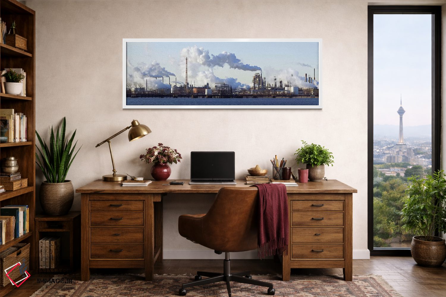 تابلو دکوراتیو دود بلند شده از پالایشگاه نفت کنار رودخانه، رود دلاور… اثر پانورامیک ایمجز - D1W