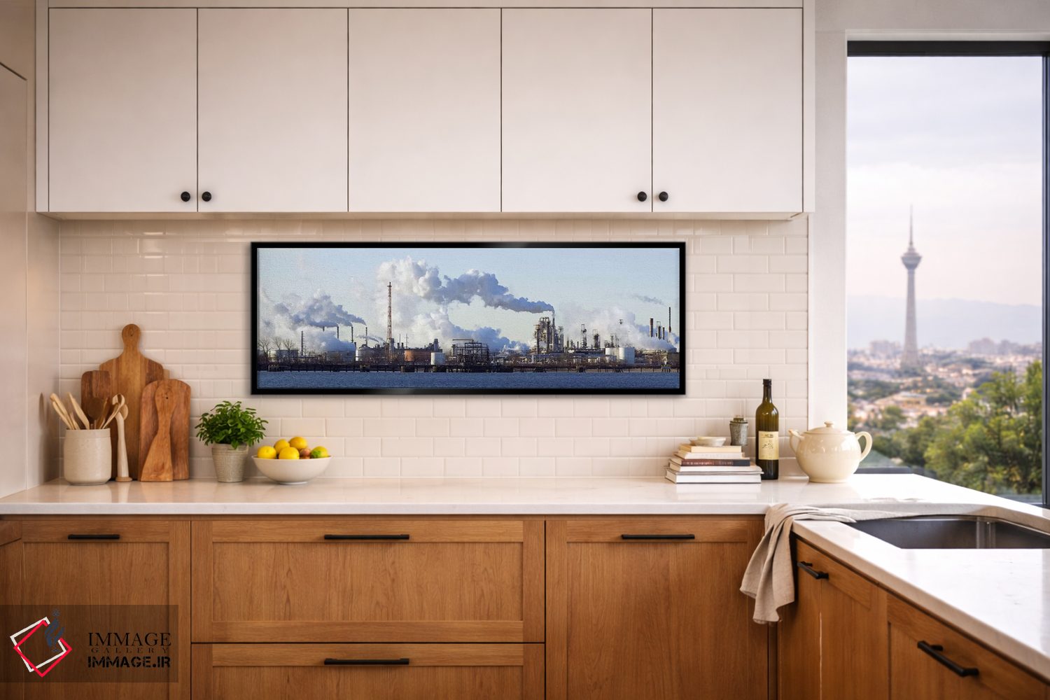 تابلو دکوراتیو دود بلند شده از پالایشگاه نفت کنار رودخانه، رود دلاور… اثر پانورامیک ایمجز - D6B