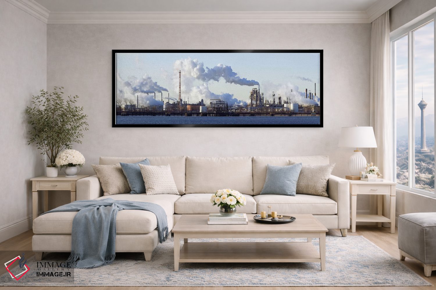 تابلو دکوراتیو دود بلند شده از پالایشگاه نفت کنار رودخانه، رود دلاور… اثر پانورامیک ایمجز - D5B