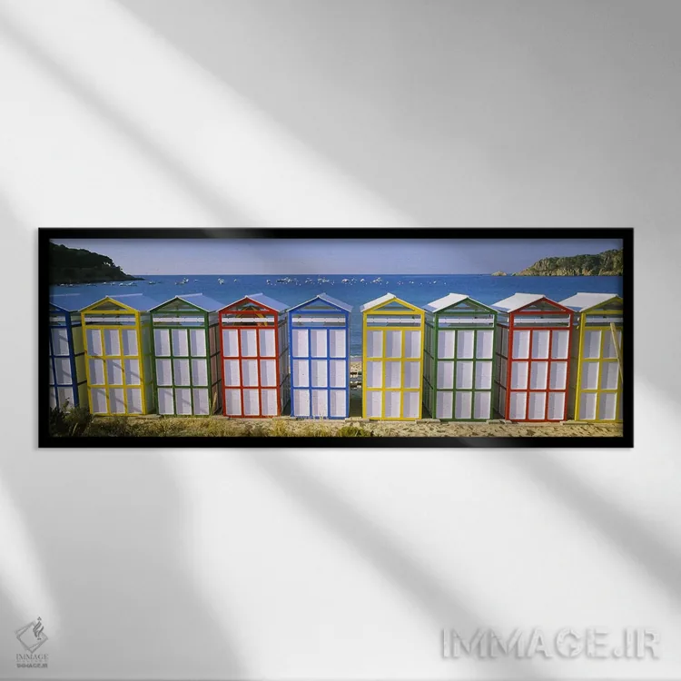 تابلو دکوراتیو Catalonia, Spain,کلبه های ساحلی رنگارنگ ردیفی، کاتالونی… اثر پانورامیک ایمجز - نمای قابدار مشکی