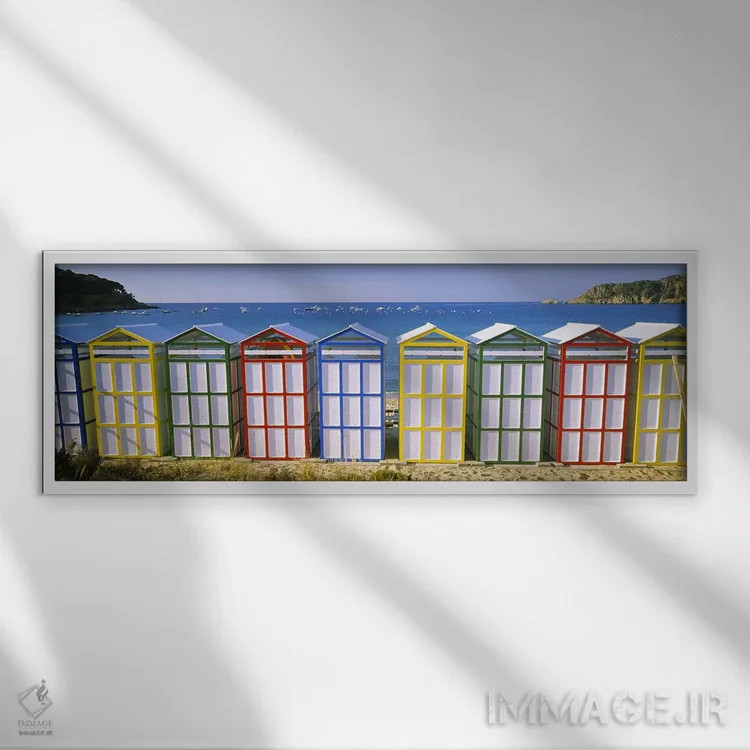 تابلو دکوراتیو Catalonia, Spain,کلبه های ساحلی رنگارنگ ردیفی، کاتالونی… اثر پانورامیک ایمجز - نمای قابدار سفید