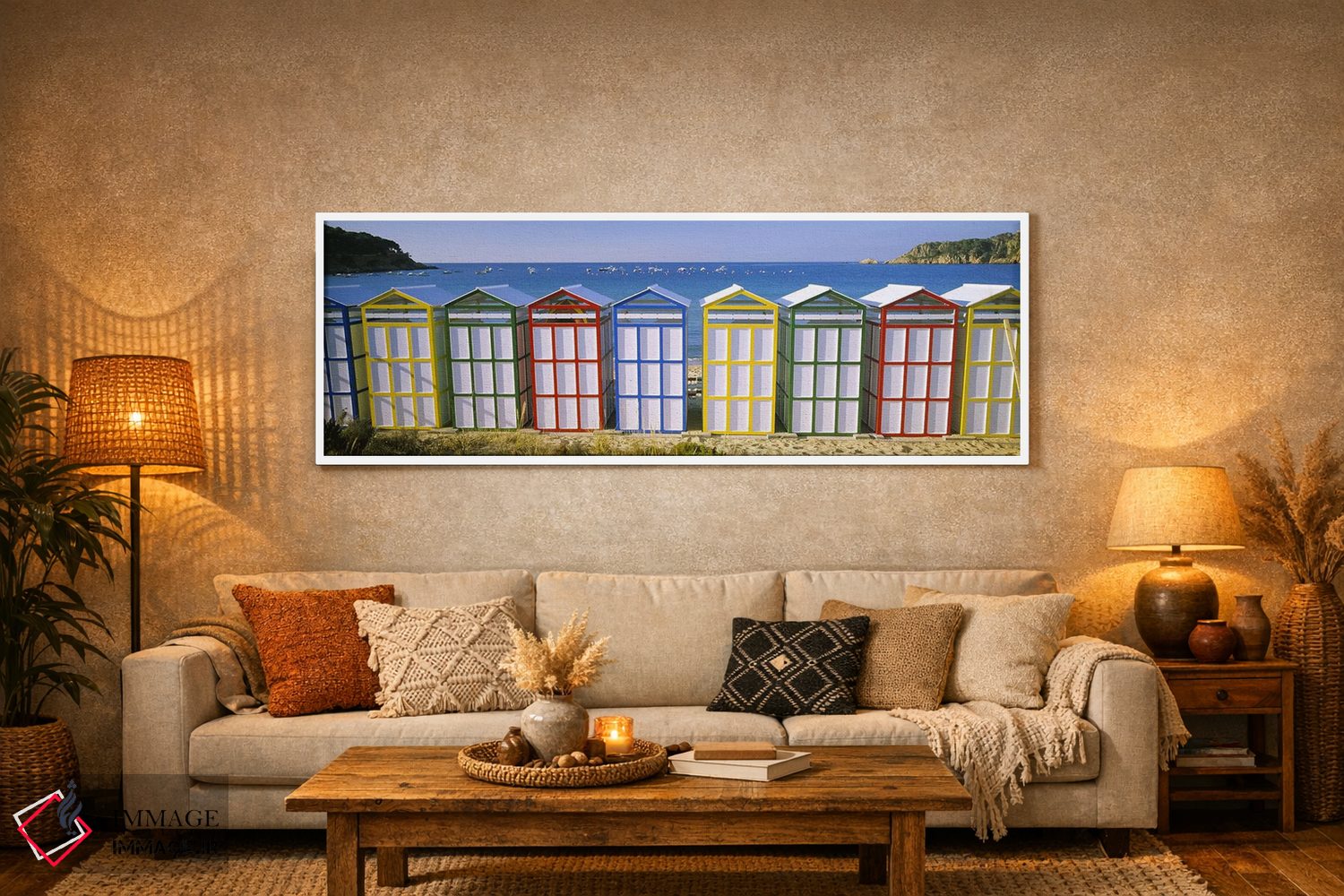 تابلو دکوراتیو Catalonia, Spain,کلبه های ساحلی رنگارنگ ردیفی، کاتالونی… اثر پانورامیک ایمجز - D4W