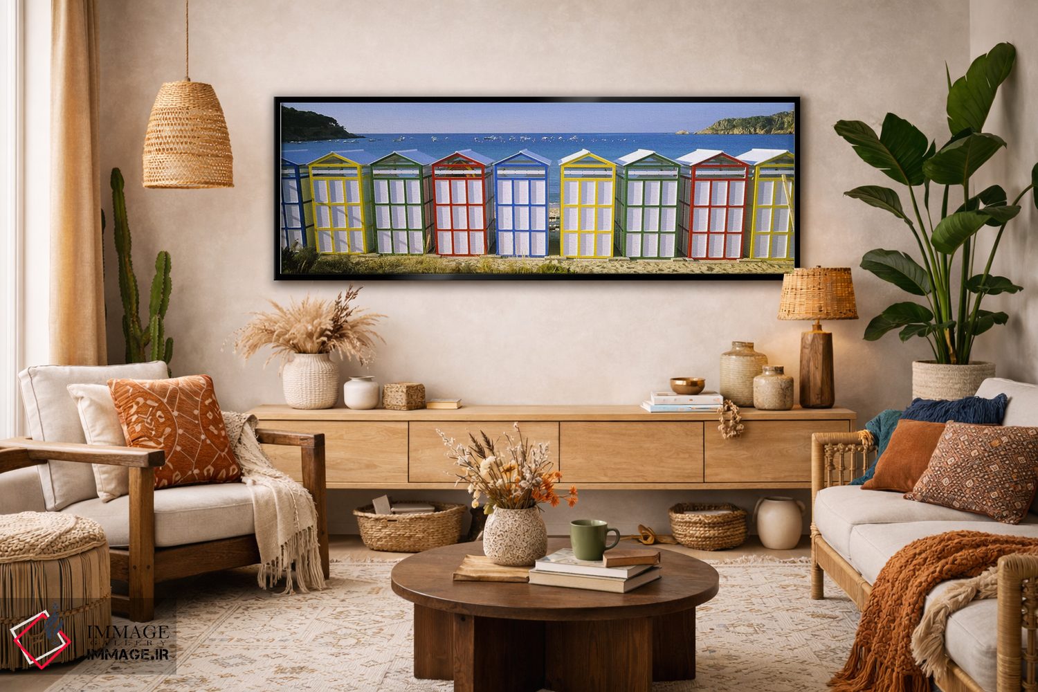 تابلو دکوراتیو Catalonia, Spain,کلبه های ساحلی رنگارنگ ردیفی، کاتالونی… اثر پانورامیک ایمجز - D3B