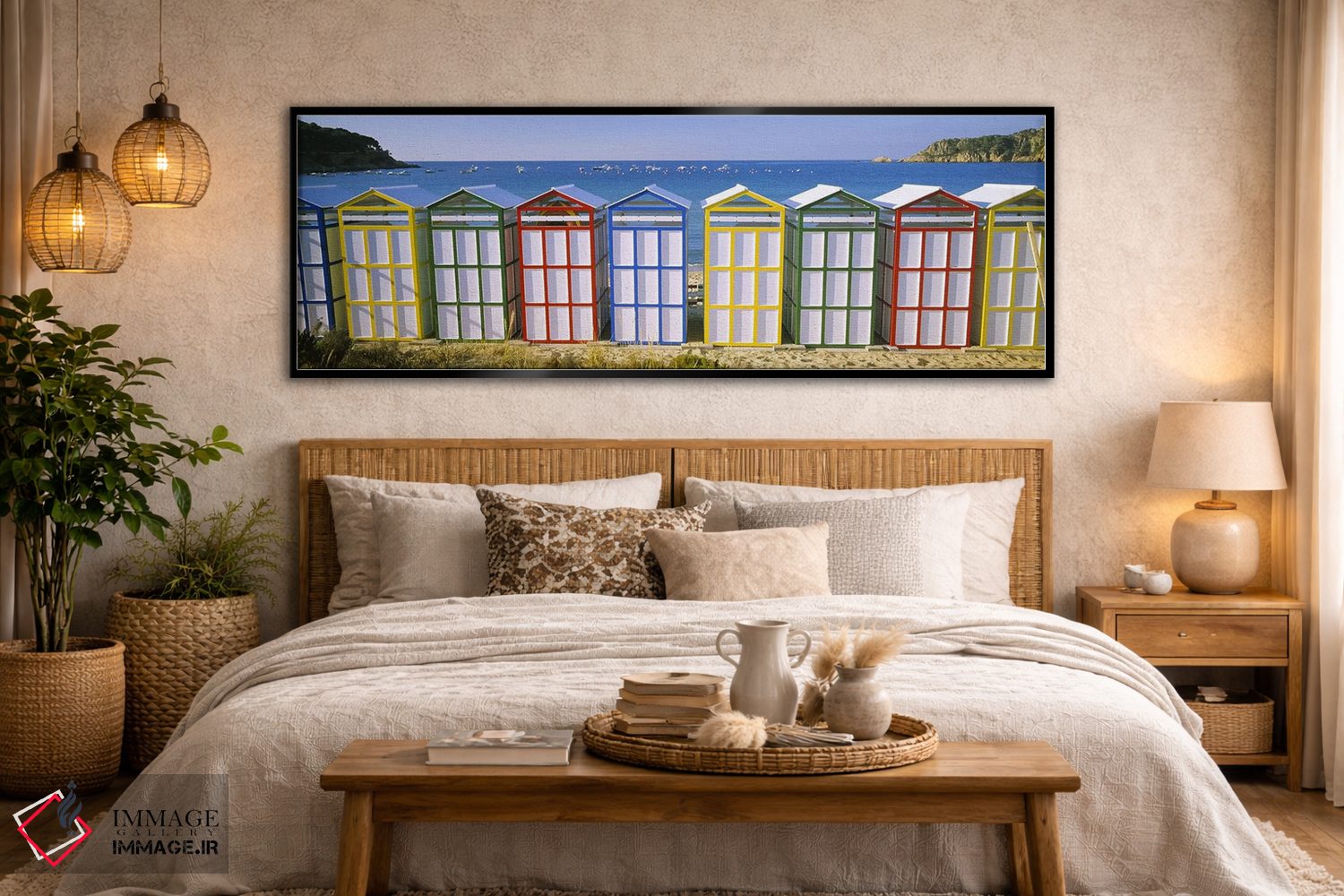 تابلو دکوراتیو Catalonia, Spain,کلبه های ساحلی رنگارنگ ردیفی، کاتالونی… اثر پانورامیک ایمجز - D6B