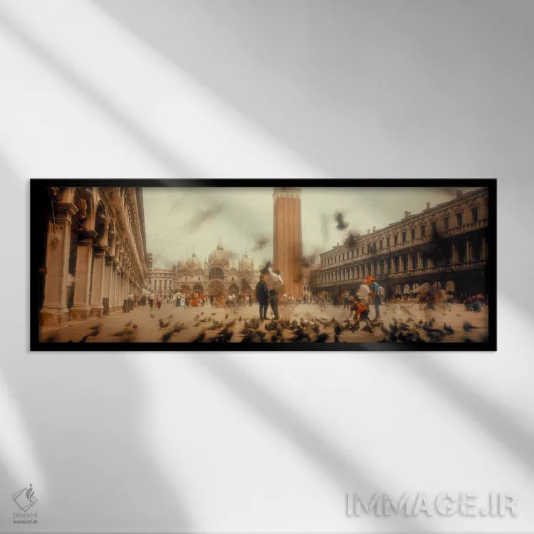 تابلو دکوراتیو Venice, Italy,گروه کبوتر در حال پرواز، میدان سن مارکو… اثر پانورامیک ایمجز - نمای قابدار مشکی