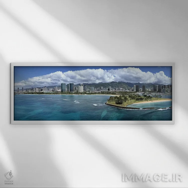 تابلو دکوراتیو Honolulu, Oahu, Hawaii, USA,ساختمان های ساحلی، هونولولو… اثر پانورامیک ایمجز - نمای قابدار سفید