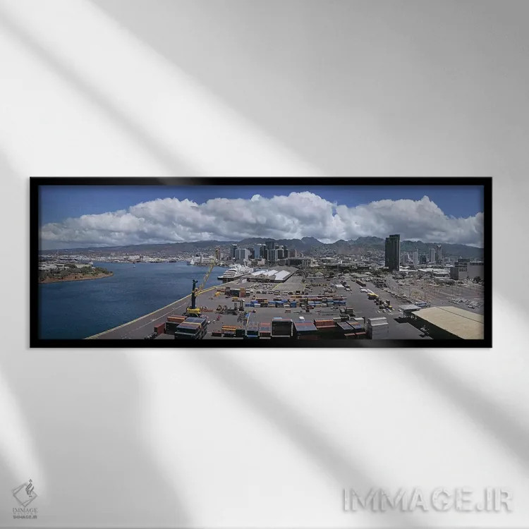 تابلو دکوراتیو Oahu, Hawaii, USA,کانتینرهای باری در یک بندر، هونولولو… اثر پانورامیک ایمجز - نمای قابدار مشکی