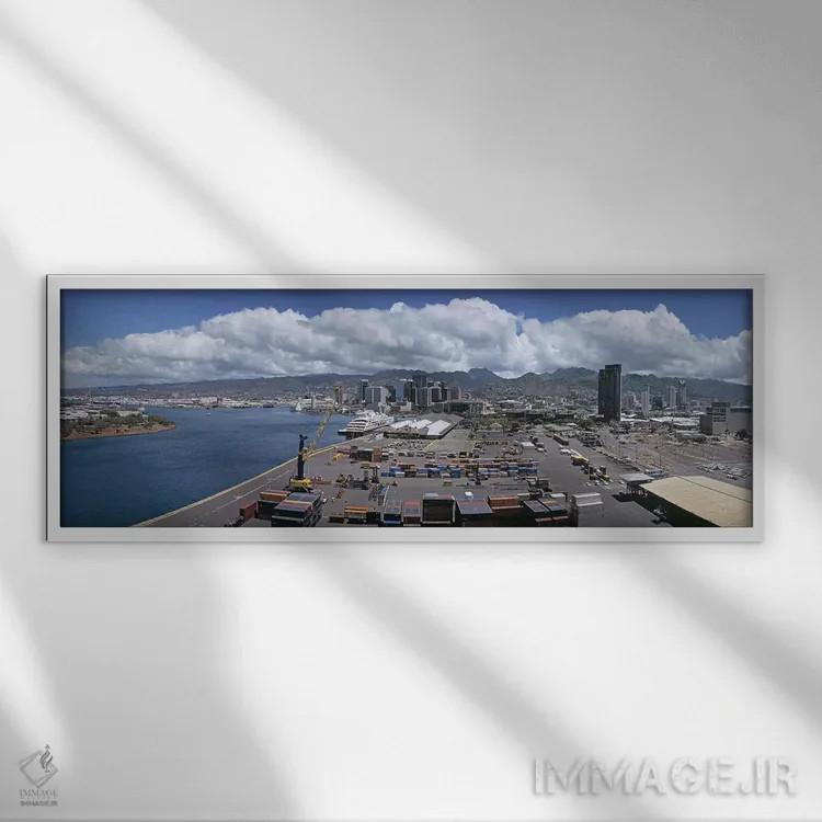 تابلو دکوراتیو Oahu, Hawaii, USA,کانتینرهای باری در یک بندر، هونولولو… اثر پانورامیک ایمجز - نمای قابدار سفید
