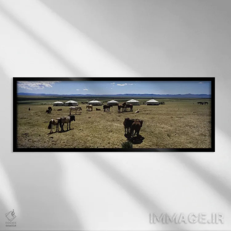 تابلو دکوراتیو Independent Mongolia,گروهی از اسب ها و یورت ها در دشتی… اثر پانورامیک ایمجز - نمای قابدار مشکی