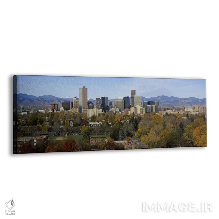 تابلو دکوراتیو Denver, Colorado, USA,آسمان خراش ها در شهری با کوه ها د… اثر پانورامیک ایمجز - نمای پرسپکتیو محصول