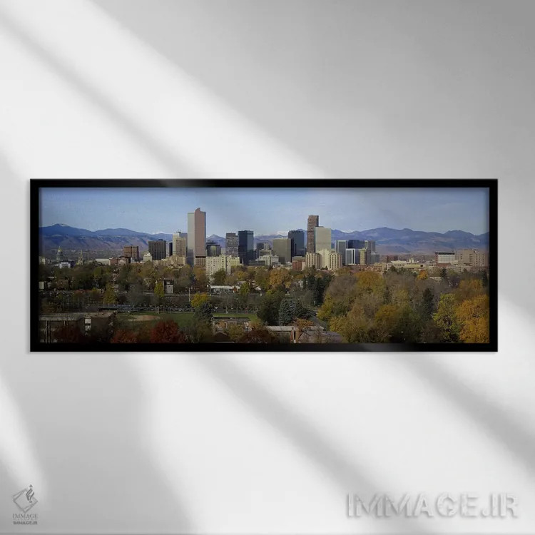 تابلو دکوراتیو Denver, Colorado, USA,آسمان خراش ها در شهری با کوه ها د… اثر پانورامیک ایمجز - نمای قابدار مشکی