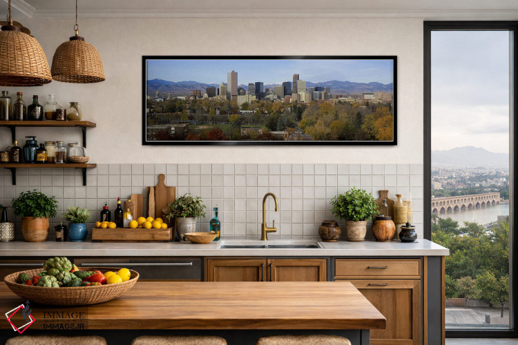 تابلو دکوراتیو Denver, Colorado, USA,آسمان خراش ها در شهری با کوه ها د… اثر پانورامیک ایمجز - D3B