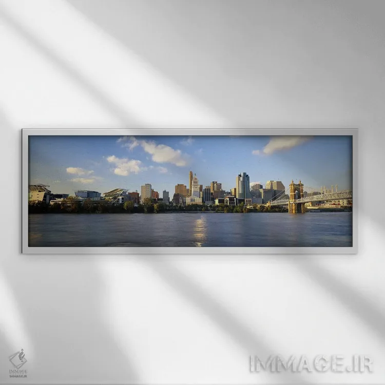 تابلو دکوراتیو Ohio River, Cincinnati, Ohio, USA,ساختمان ها در حاشیه آ… اثر پانورامیک ایمجز - نمای قابدار سفید