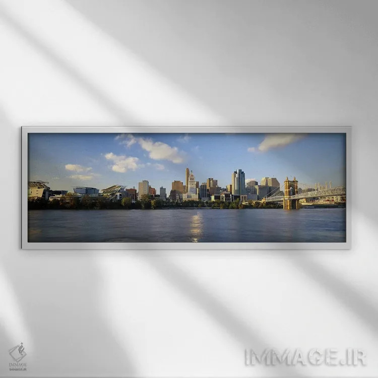 تابلو دکوراتیو Ohio River, Cincinnati, Ohio, USA,ساختمان ها در حاشیه آ… اثر پانورامیک ایمجز - نمای قابدار سفید