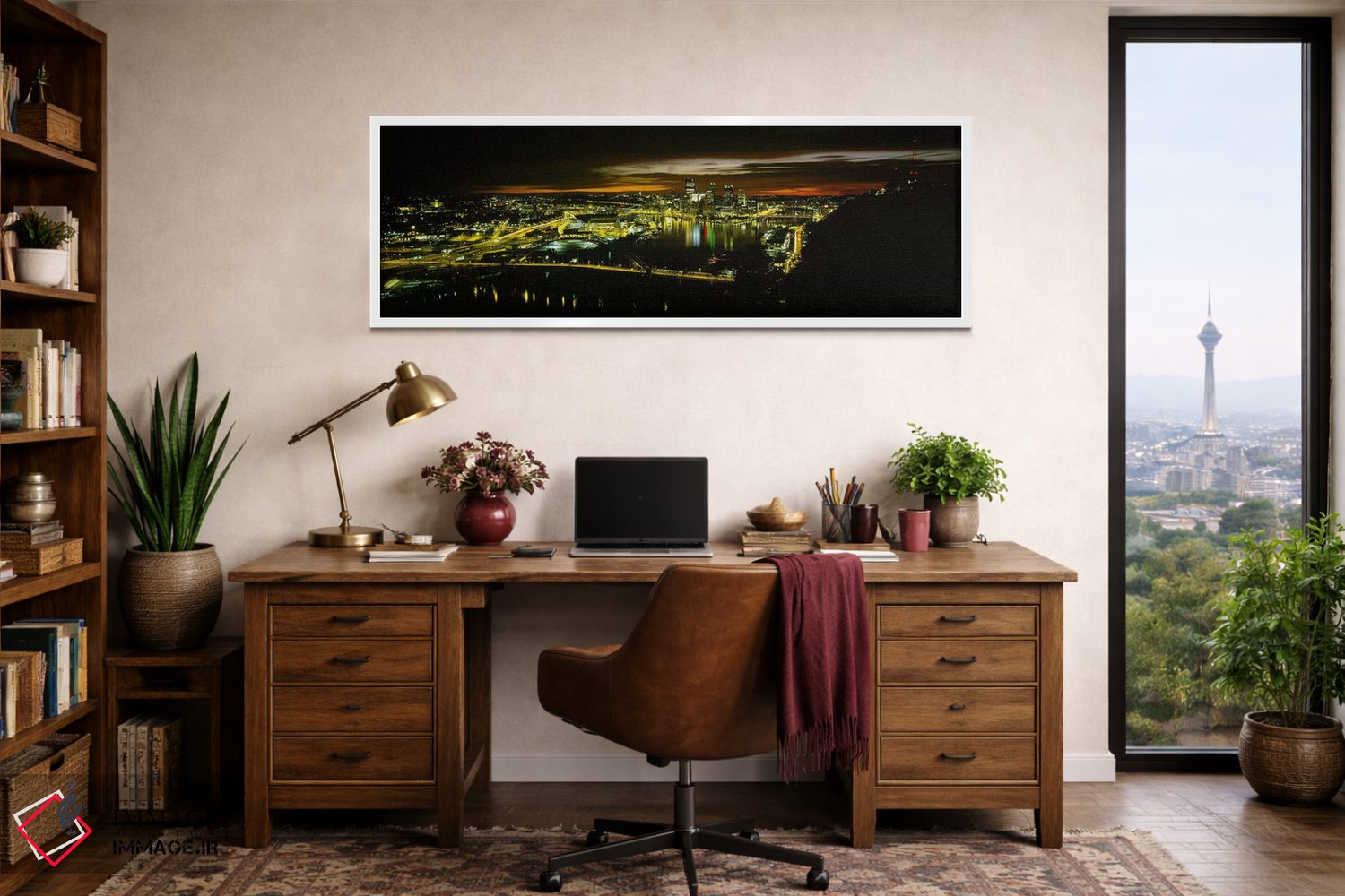 تابلو دکوراتیو Pennsylvania, USA,نمای بالا از ساختمان های روشن شده در… اثر پانورامیک ایمجز - D1W