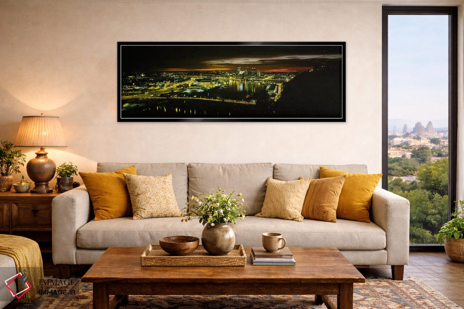 تابلو دکوراتیو Pennsylvania, USA,نمای بالا از ساختمان های روشن شده در… اثر پانورامیک ایمجز - D6B